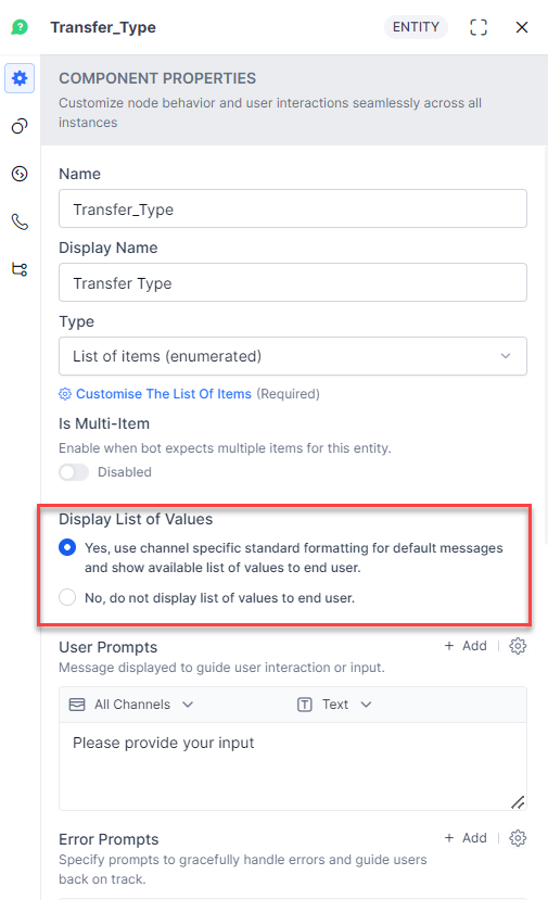 Display list of values